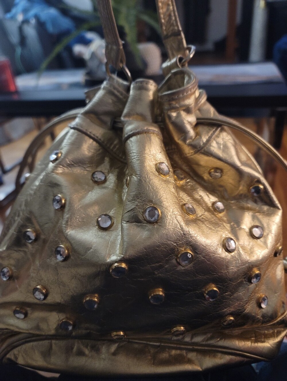 Metallic Gold Studded Drawstring Shoulder Bag - Picture 2 of 5